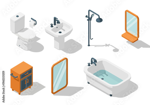 Collection of Isometric Bathroom Fixtures Including Toilet, Sink, Bathtub, Mirror, Cabinet and Shower