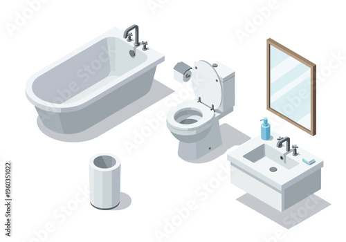 Isometric bathroom interior design elements, including a bathtub, sink, toilet, and mirror