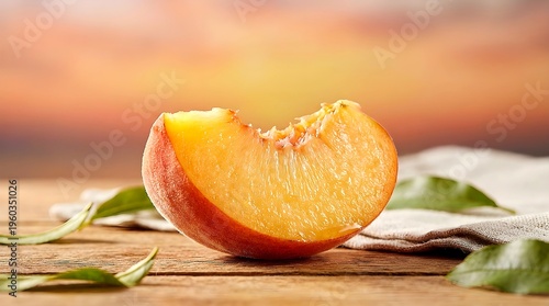 Fresh Bitten Peach Slice On Rustic Wooden Table With Green Leaves And Warm Blurred Background