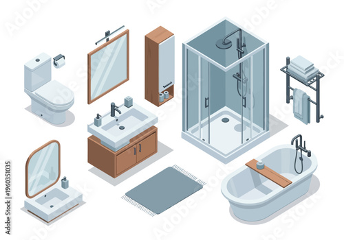 Isometric Bathroom Furniture and Fixtures Collection Toilet, Sink, Shower, Bathtub, Mirror, and Cabinet