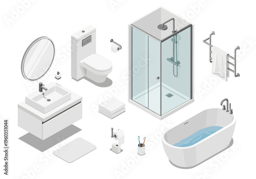 Isometric 3D bathroom rendering with modern fixtures and accessories