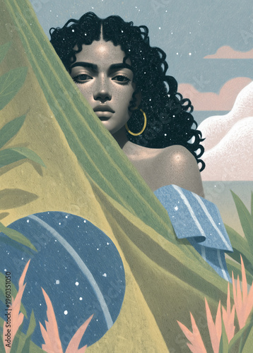 Discover Brazil travel concept. Beautiful latina woman peeking from behind Brazilian flag elements and tropical foliage. Serene editorial illustration for South American tourism, exploration, and cult