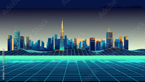 Futuristic cityscape with a glowing grid and mountainous terrain