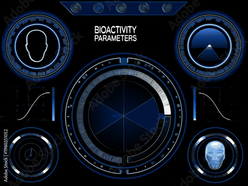 Futuristic interface displaying bioactivity parameters with circular gauges and graphs