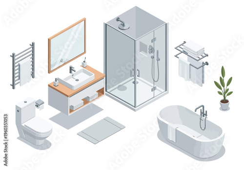 Isometric bathroom collection featuring modern fixtures and accessories