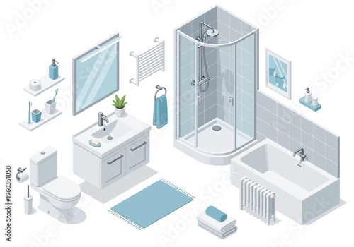 Isometric illustration of a modern and clean bathroom interior with essential fixtures and accessories