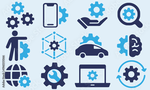 Abstract Technology Icons: Gears, Network, Car, Brain, Globe, Human
