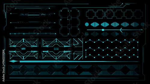 Abstract neon blue geometric shapes and lines on a black background