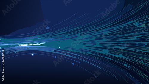 Abstract explosion of blue and teal light streaks against a dark background