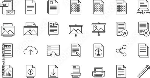 Document and File Format Line Icon Set Featuring PDF DOC XLS Image Presentation Upload Download Print and Share Symbols for Web UI Design
