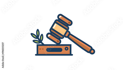 flat vector icon of a judge gavel and sound block with olive branch for law and justice concepts