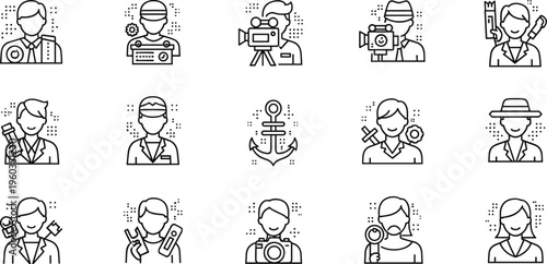 Media Roles Line Icon Set Featuring Journalist Cameraman Photographer Blogger Influencer Anchor and Content Creator Professions Outline Vector Illustration