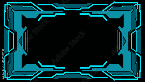 Futuristic teal frame with geometric patterns and a dark central space