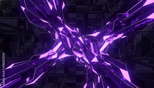 Abstract Purple Geometric Crystal Formation with Glowing Edges in Dark Space