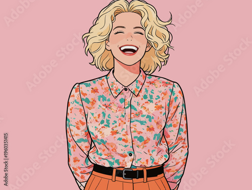 Person smiles widely while wearing a colorful floral shirt against a pink background in a bright and cheerful setting