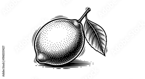 Vintage engraving style illustration of a lemon with a leaf