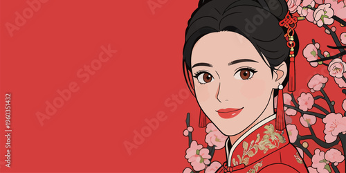 Woman in traditional costume poses beside pink cherry blossoms on red background during spring festival celebration in a festive setting