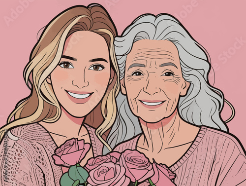 Smiling woman and older woman with roses celebrating bond in studio setting
