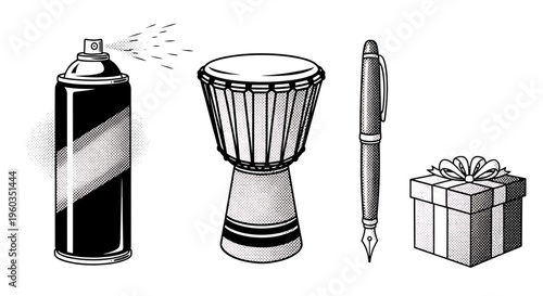 Set of various icons including a spray paint can, a djembe drum, a fountain pen, and a gift box