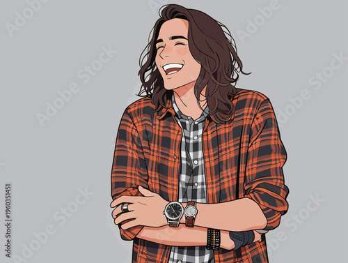 Young man in flannel shirt smiles while wearing multiple watches and bracelets during a casual moment