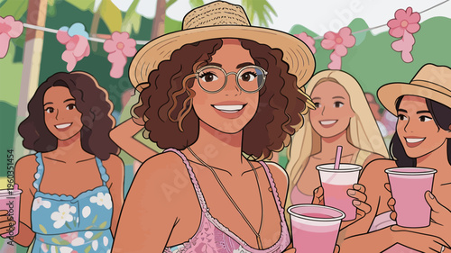 Friends enjoy a summer party with drinks under the sun in a colorful outdoor setting surrounded by flowers