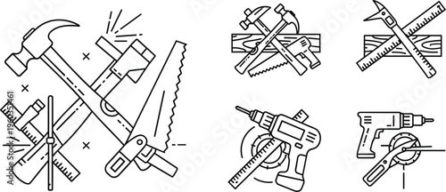 Crossed Carpentry Tools Outline Icon Set Featuring Hammer Saw Drill Ruler and Woodworking Equipment Symbols for Construction and Workshop Vector Design