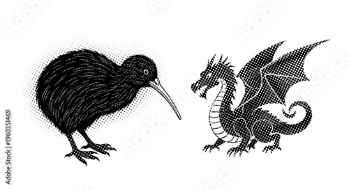 Vintage engraving style illustration of a kiwi bird and a dragon facing each other