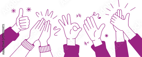 Hand Gestures Appreciation: Illustration showcasing various hand gestures, including applause, thumbs up, and the okay sign. Representing approval, encouragement, and agreement.