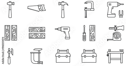 Carpentry Tools Outline Icon Set Featuring Hammer Saw Drill Clamp Toolbox Workbench and Wood Elements for Woodworking and Construction Vector Design