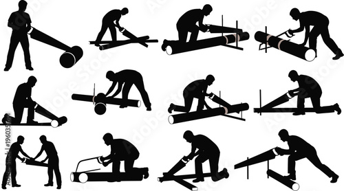 Carpenter Silhouette Set with Wood Cutting Poses Using Hand Saw and Timber Logs Featuring Woodworking Techniques and Lumber Work Black Vector Illustration