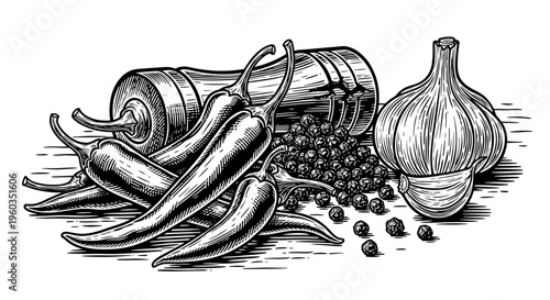 Engraving style illustration of chili peppers, garlic, and peppercorns with a pepper grinder