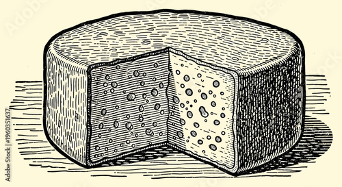 Vintage style illustration of a round cheese wheel with a wedge cut out, showing holes inside, handdrawn engraving style