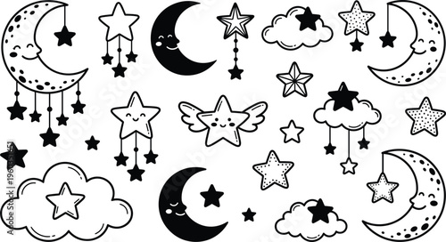 Elegant Collection Of Minimalist Boho Sun And Moon Celestial Line Art Elements For Modern Branding Design Vector.