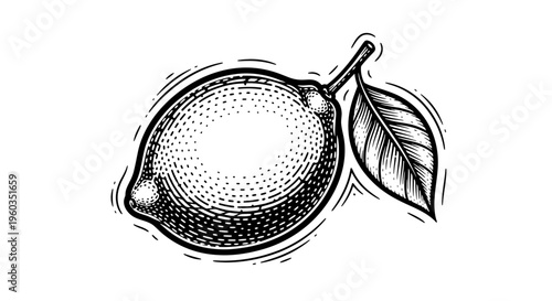 Lemon fruit with leaf, hand drawn engraving style, vintage illustration