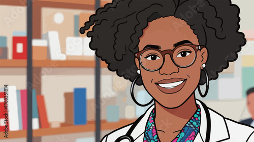 Doctor smiles in clinic while interacting with patients and staff during a busy workday in downtown hospital