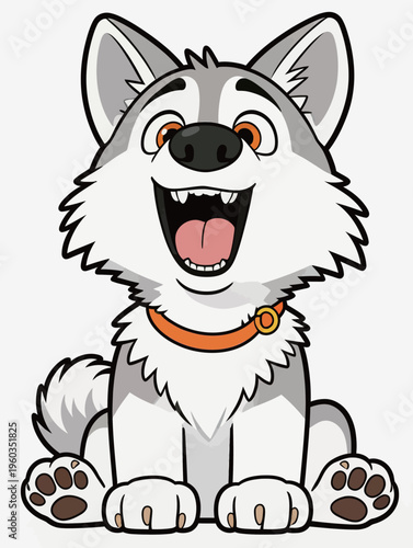 Happy cartoon wolf sitting and smiling at the viewer in a cheerful pose during a sunny day