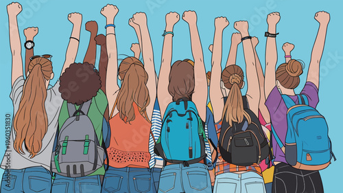 Group of young people with raised fists celebrating together in a cheerful outdoor setting on a sunny day