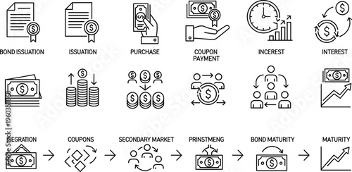 Financial Growth and Investment Icons Set with Economic Concepts, Payments, and Profit in Black and White Vector Design