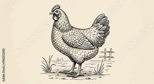 Vintage engraving style illustration of a chicken standing in a farmyard with a wooden fence in the background
