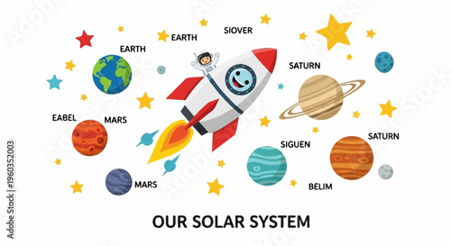 Colorful illustration of a rocket flying through our solar system with planets and stars