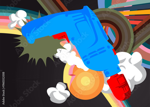 Retro 70s Background with Drill. Groovy Power Tool 1970s art template. Minimalistic Vintage design poster. Old-fashioned color artwork.