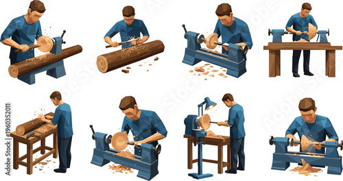 Low Poly Woodworker Lathe Process Vector Set Showing Carpenter Shaping Wooden Bowl Turning Timber Logs and Crafting Wood in Workshop Scenes