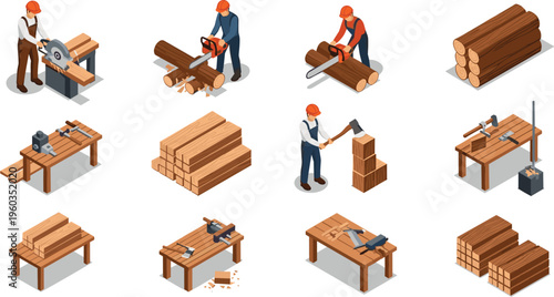Isometric Woodworking Workshop Vector Set with Carpenter Cutting Logs Using Chainsaw Sawing Planks Hammering Timber and Carpentry Workbench Scenes