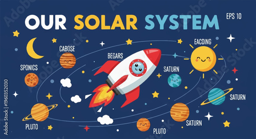 Colorful illustration of a rocket flying through the solar system with planets and stars