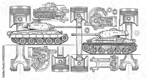 Technical sketch of vintage tanks and engine pistons, mechanical engineering blueprint illustration, detailed industrial design drawing of armored vehicles and engine components