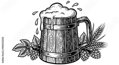 Vintage wooden beer mug with foam, hops and wheat ears, hand drawn engraving style illustration