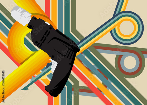 Retro 70s Background with Drill. Groovy Power Tool 1970s art template. Minimalistic Vintage design poster. Old-fashioned color artwork.