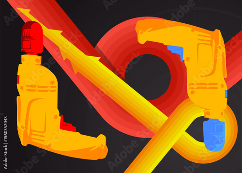 Retro 70s Background with Drill. Groovy Power Tool 1970s art template. Minimalistic Vintage design poster. Old-fashioned color artwork.