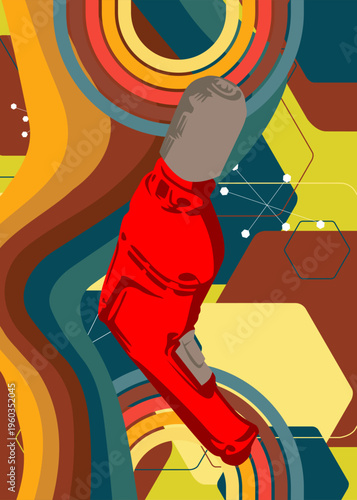 Retro 70s Background with Drill. Groovy Power Tool 1970s art template. Minimalistic Vintage design poster. Old-fashioned color artwork.