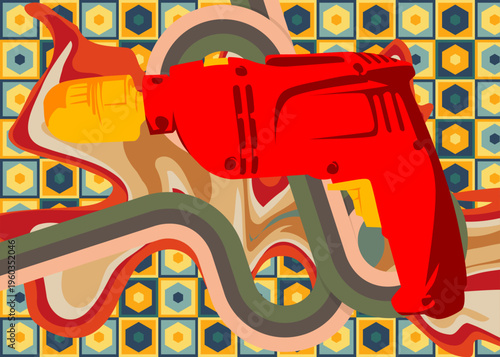 Retro 70s Background with Drill. Groovy Power Tool 1970s art template. Minimalistic Vintage design poster. Old-fashioned color artwork.